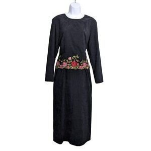 Positive Attitude Women's Black Maxi Dress Long sleeve embroidered floral size 8